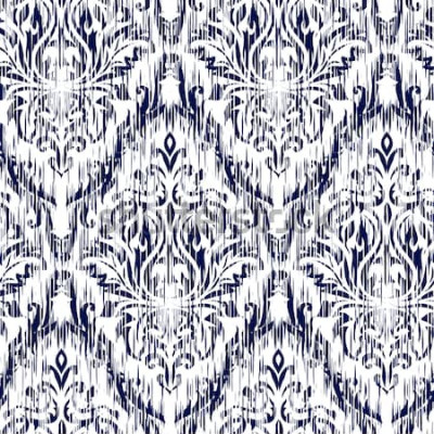 Sticker  Blue Ikat Ogee et Damas ornement motif de fond transparent. Abstrait pour la conception textile, papier peint, textures de surface.