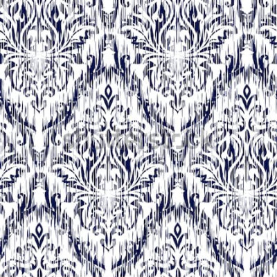 Sticker  Blue Ikat Ogee et Damas ornement motif de fond transparent. Abstrait pour la conception textile, papier peint, textures de surface.