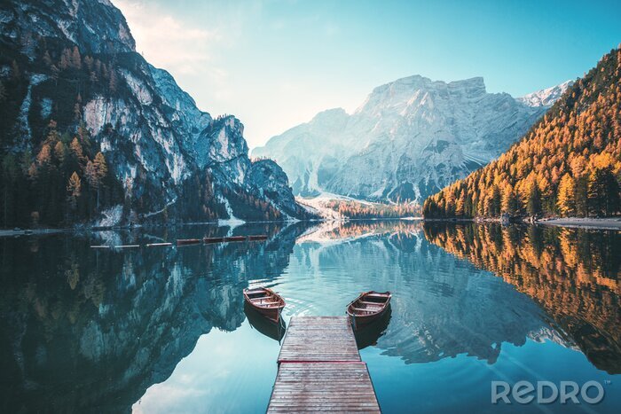 Sticker  Boats on the Braies Lake ( Pragser Wildsee ) in Dolomites mountains, Sudtirol, Italy