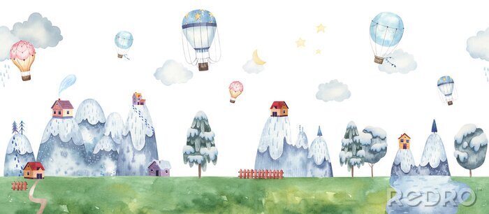 Sticker  Border seamless pattern childrens illustration with balloons, mountain landscape, trees, forest, houses in the mountains, clouds, watercolor illustration pastel gentle colors