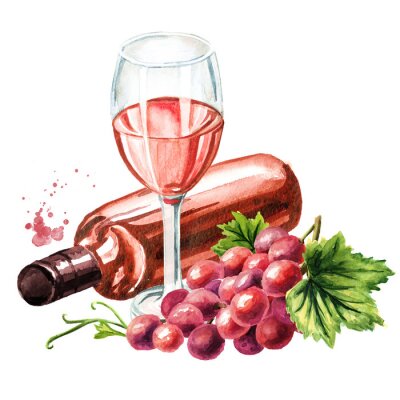 Sticker  Bottle and glass of Rose wine with vine leaves and grape berries. Hand drawn watercolor illustration isolated on white background