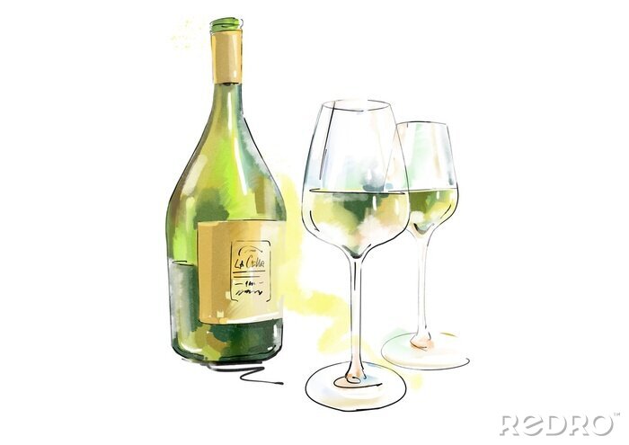 Sticker  bottle and glass of white wine isolated