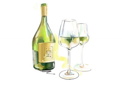 Sticker  bottle and glass of white wine isolated