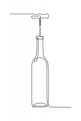 Sticker  Bottle of wine with corkscrew in continuous line art drawing style. Minimalist black linear sketch isolated on white background. Vector illustration
