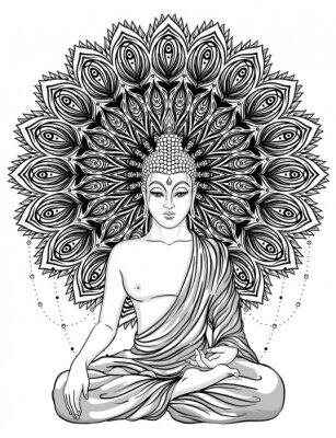 Bouddha assis sur une fleur rose fleurie. Illustration vectorielle vintage ésotérique. Indien, bouddhisme, art spirituel. Tatouage hippie, spiritualité, dieu thaïlandais, yoga zen