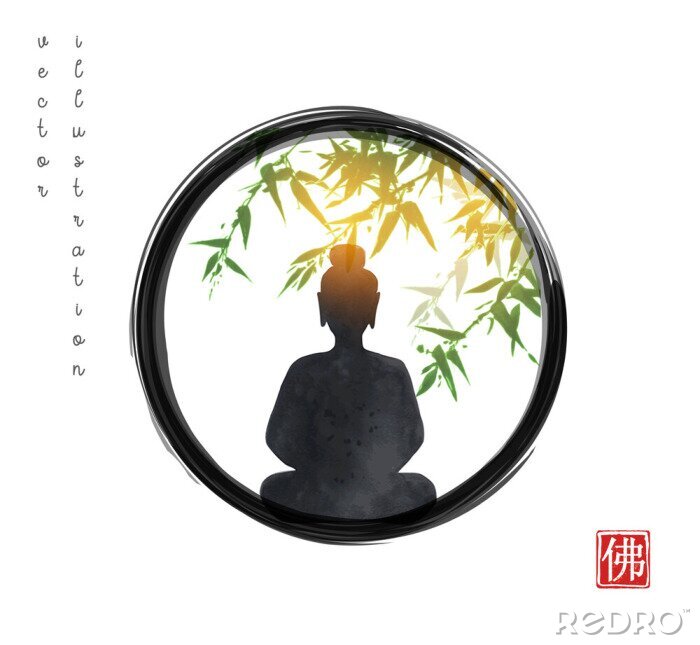Sticker  Bouddha méditant sur le fond des feuilles de bambou