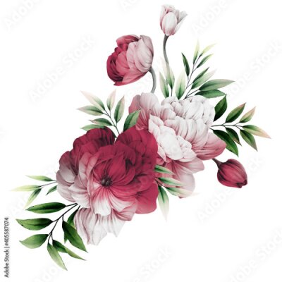 Sticker  Bouquet of peonies, can be used as greeting card, invitation card for wedding, birthday and other holiday and  summer background. Watercolor illustration