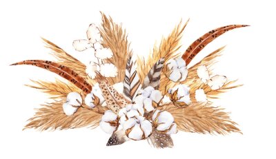 Sticker  Bouquet with pampas grass, watercolor hand draw floral element in boho style, isolated on white background