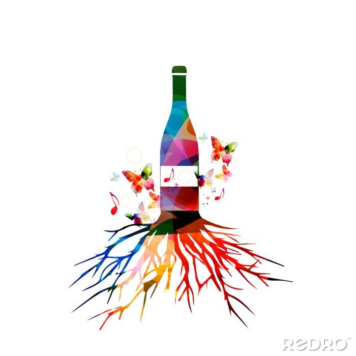 Sticker  Bouteille de vin coloré avec l'illustration de vecteur de racine d'arbre. Alcool, boissons, boisson, fond Fêtes, événements et fêtes. Cave à vin, restaurant, dégustation de vins. Bouteille, isolé