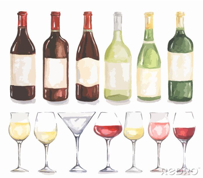 Sticker  Bouteilles de vin d'aquarelle et ensemble de verres. Belles bouteilles et verres pour le menu de décoration dans le restaurant ou le café. Boisson alcoolisée.