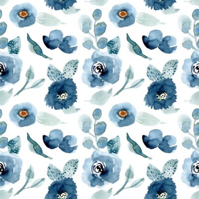 Papier peint à motif  Boutons de rose aquarelle bleue