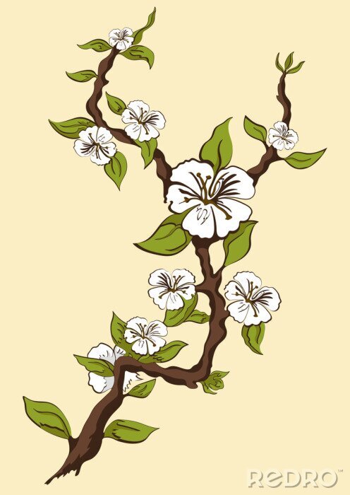 Sticker  Branche de pomme avec fleurs et feuilles