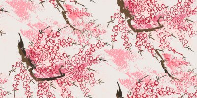 Papier peint à motif  Branche orientale japonaise avec des fleurs roses