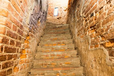 Sticker  Brick staircase with stairs in old castle corridor