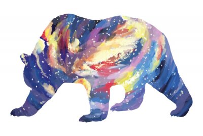 Sticker  Bright bear silhouette galaxy sky. Slumber illustration on white background