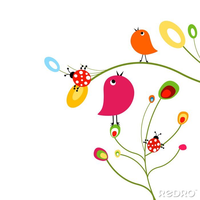 Sticker  Brindilles multicolores de plantes oiseaux et coccinelles