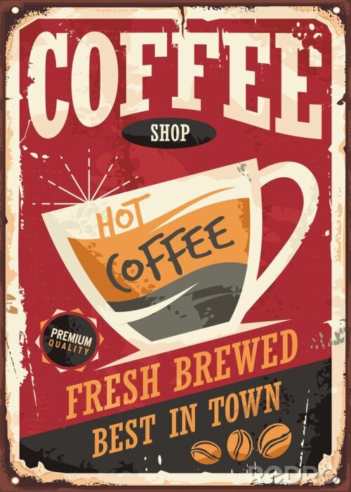 Sticker  Café, magasin, retro, tin, signe, conception, café, tasse, rouges, fond
