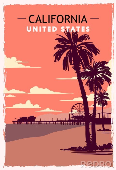 Sticker  California retro poster. USA California travel illustration.
