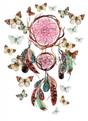 Sticker  Capteur de rêves avec plumes et mandala. Dreamcatcher ethnique aquarelle et papillon isolé sur fond blanc. Illustration peinte à la main pour votre conception