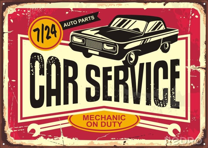 Sticker  Car service vintage tin sign. Antique plaque with retro car on red damaged background. Vector illustration.