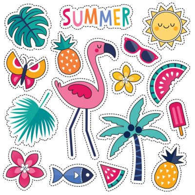 Sticker  Caricatures de vecteur de style style dessin animé avec flamant rose mignon, feuilles et fleurs tropicales, fruits d'été et popsicle. Isolé sur blanc, pour autocollants, épingles, insignes, broderies,