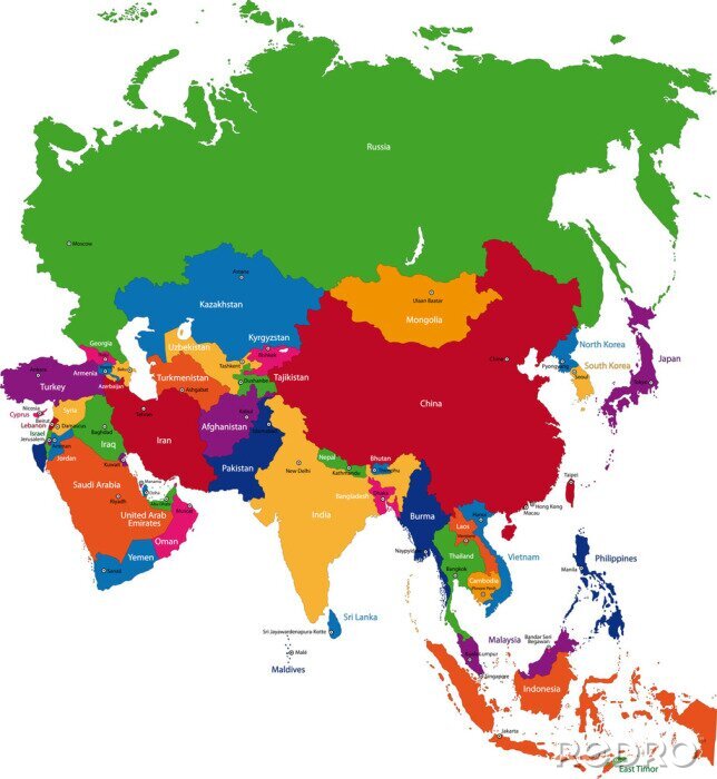 Sticker  Carte colorée avec les pays d'Asie