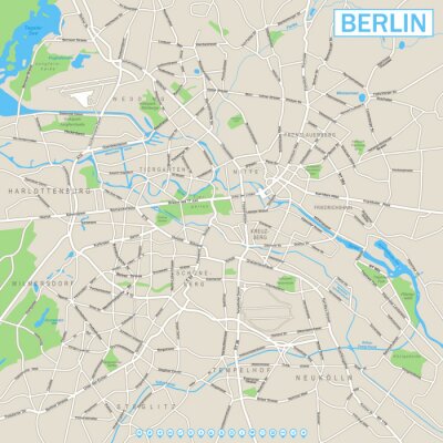 Sticker  Carte de Berlin et les icônes de navigation Plan de rue de vecteur très détaillé de Berlin. Il comprend: - les rues - les parcs - les noms des sous-districts - les noms d'objets aquatiques