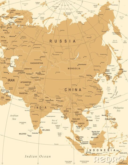 Sticker  Carte de l'Asie - Illustration vectorielle vintage