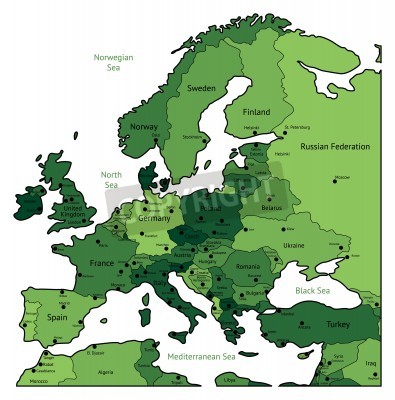 Sticker  Carte de l'Europe de couleurs vertes. Les noms, les marques de la ville et les frontières nationales sont dans des couches distinctes. Vector illustration.
