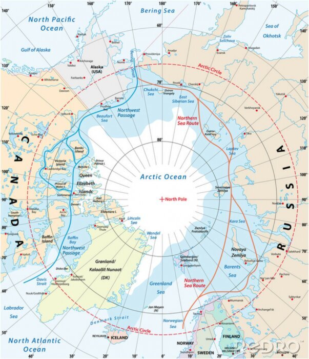 Sticker  Carte de la région arctique, passage nord-ouest et route maritime du nord