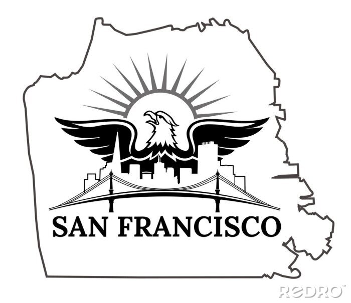 Sticker  Carte de San Francisco. Californie. San Francisco. ETATS-UNIS. Pont de la baie d'Oakland. San Francisco-Pont de la baie d'Oakland. Centre d'affaires de San Francisco
