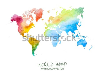 Sticker  carte du monde aquarelle dessiné main isolé sur blanc. Version vectorielle