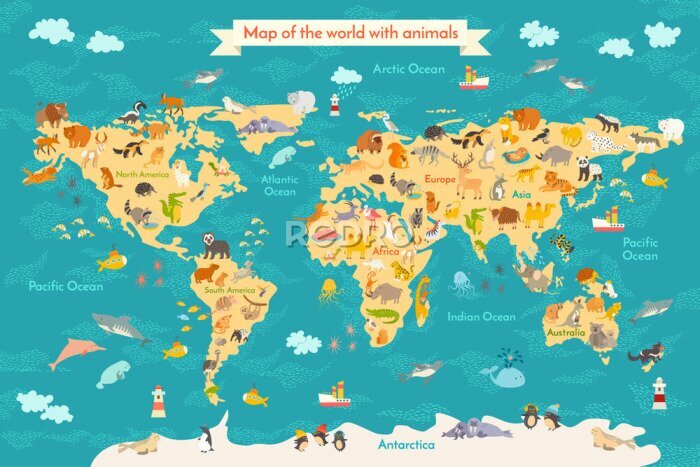 Sticker  Carte du monde avec des animaux pour enfants