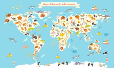 Carte du monde des animaux. Illustration colorée de vecteur de bande dessinée pour des enfants et des gamins. Préscolaire, éducation, bébé, continents, océans, dessiné, la terre