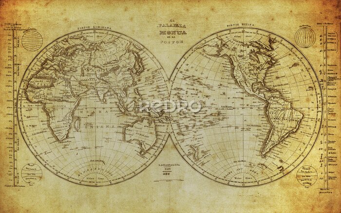 Sticker  Carte du monde historique avec quadrillage géographique