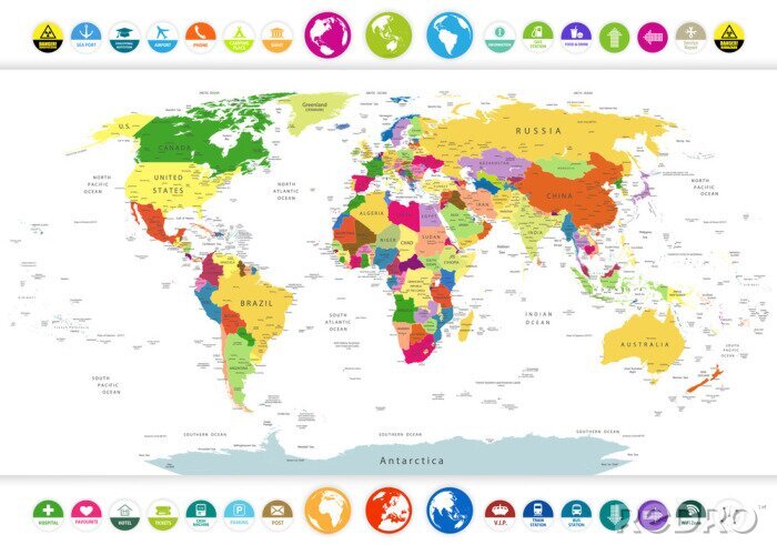 Sticker  Carte du monde politique avec des icônes et des globes plats