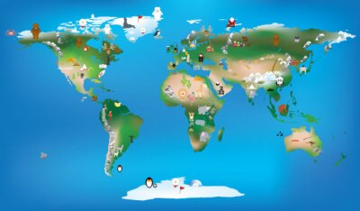 Sticker  carte du monde pour enfants à l'aide de dessins d'animaux et de la célèbre lan