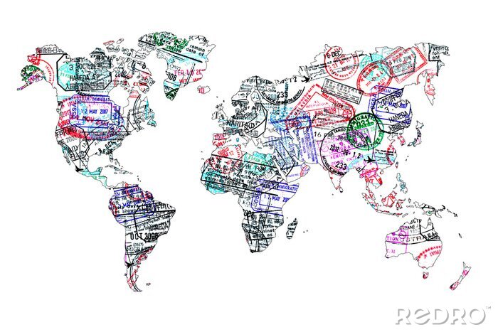 Sticker  Carte du monde tampons de passeport, Isolé