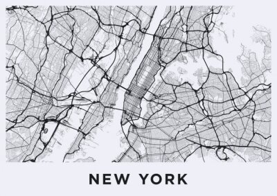 Carte lumineuse de la ville de New York. Carte routière de New York (États-Unis). Illustration en noir et blanc (lumière) des rues de new york. Réseau de transport de la Big Apple. Format affiche impr