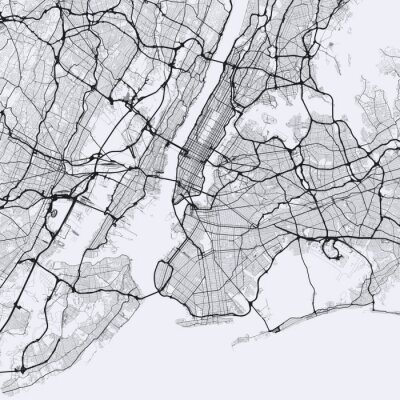 Carte lumineuse de la ville de New York. Carte routière de New York (États-Unis). Illustration en noir et blanc (lumière) des rues de new york. Réseau de transport de la Big Apple. Format carré.