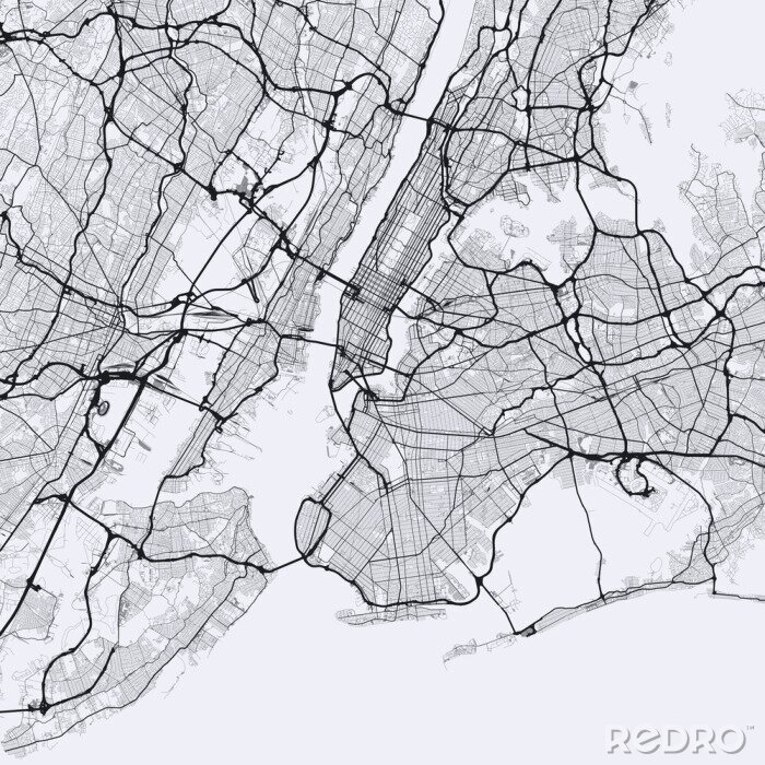 Sticker  Carte lumineuse de la ville de New York. Carte routière de New York (États-Unis). Illustration en noir et blanc (lumière) des rues de new york. Réseau de transport de la Big Apple. Format carré.