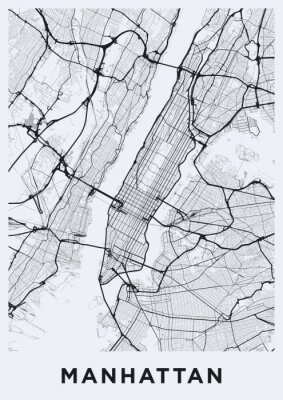 Sticker  Carte lumineuse de Manhattan (New York). Carte routière de Manhattan (NYC). Illustration en noir et blanc (lumière) des rues de Manhattan. Réseau de transport de Manhattan. Format affiche imprimable (