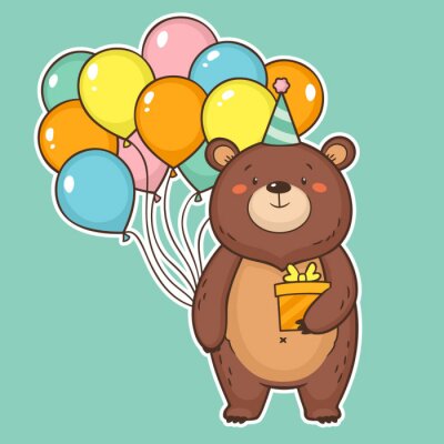 Sticker  Carte mignonne joyeux anniversaire avec ours drôle, tenant des ballons à air chaud et une boîte-cadeau. Carte de voeux colorée joyeux anniversaire. Illustration vectorielle