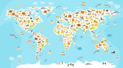 Carte mondiale des mammifères. Belle illustration colorée joyeux vecteur pour les enfants et les enfants. Préscolaire, bébé, continents, océans, dessiné, la terre