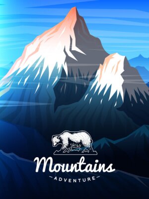 Sticker  Carte ou brochure de Mountains Peaks. Tourisme sur la nature Paysage tôt dans la lumière du jour. Sommets de colline en plein air. Affiche ou arrière-plan. modèle de flyer, couverture de livre et insi