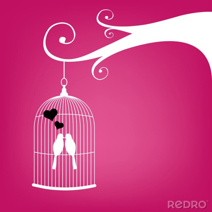 Sticker  Carte Saint-Valentin avec cage à oiseaux vintage et quelques oiseaux.