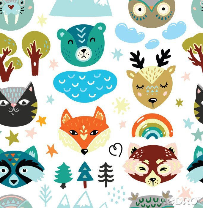 Sticker  Cartoon animals heads and nature elements seamless pattern