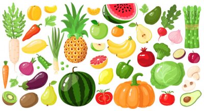Sticker  Cartoon fruits and vegetables. Vegan lifestyle food, organic nutrition vegetable and fruit, avocado, asparagus and mango vector illustration set. Watermelon and pineapple, apple and banana, kiwi fruit