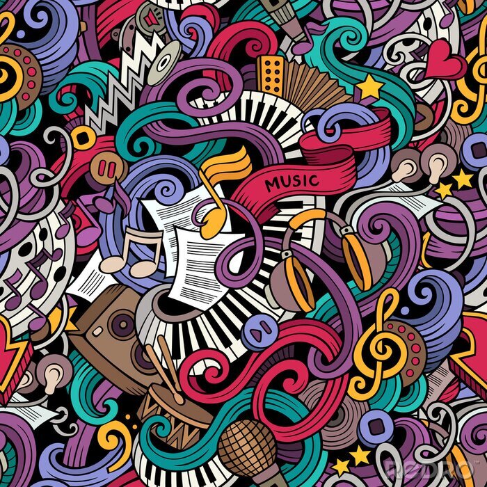Sticker  Cartoon hand drawn doodles Music seamless pattern