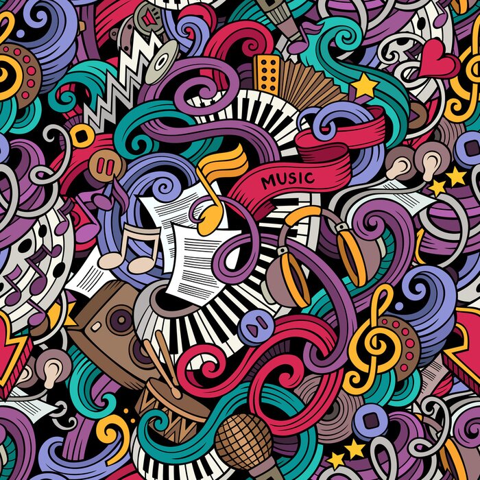 Sticker  Cartoon hand drawn doodles Music seamless pattern